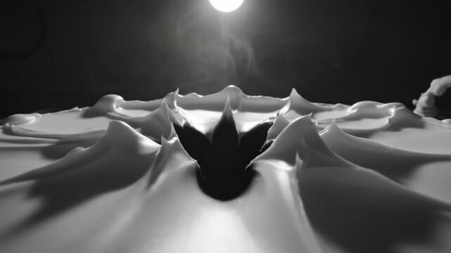 Abstract grayscale artistic slow motion view of white substance reacting in dark environment with bright overhead light