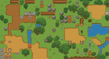 Fototapeta premium Retro pixel art game map, 2D top-down forest landscape with trees and water, vintage RPG level design assets, green nature game background vector