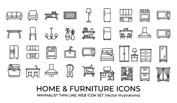 Furniture and home interior thin line icon set vector collection