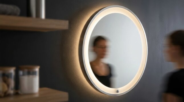 Woman's reflection in a round, softly illuminated vanity mirror mounted on a wall