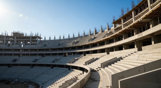 Vast concrete stadium bowl under construction showcasing tiered seating and structural framework against a clear blue sky