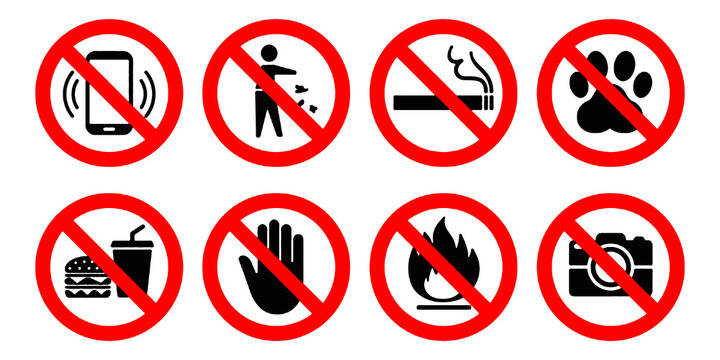 Prohibited icons set: no cell phone zone, litter, smoking, pets, no eating and drinks allowed, 
do not touch, do not light a fire, no photography