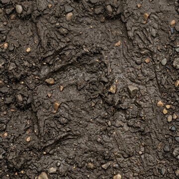 Detailed close-up of dark brown mud texture with small stones and pebbles.