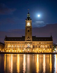Fototapeta premium lit building with tower at night.