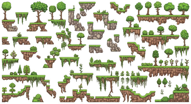 Pixel art game platformer set, floating island tiles with green grass and trees, 2D side-scroller environment assets, retro video game level design elements