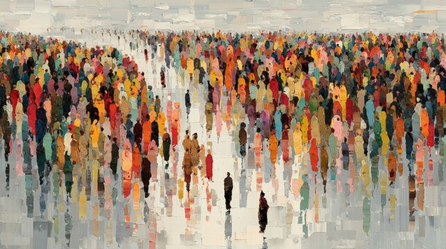 Overhead abstract crowd of hundreds of small colorful shapes blending like mosaic or stained glass on light background in modern graphic style, dynamic A0 composition