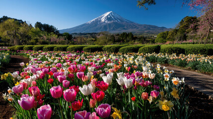 Fototapeta premium One of the most visit destination in Japan, beautiful view of Mount Fuji or Fujiyama with colorful blooming flower garden. 