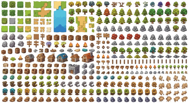 Pixel art game assets collection, 2D RPG world map constructor kit, fantasy environment tileset with trees, houses, and terrain elements