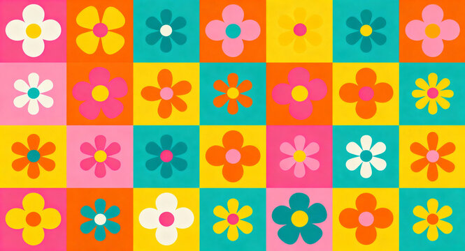 Retro floral pattern with cheerful daisies in a grid, vibrant colors, 60s inspired design, playful and whimsical aesthetic