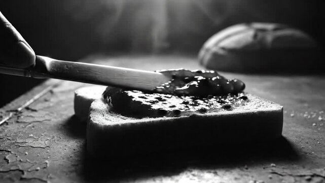 Black and white close up of a knife spreading jam on a slice of bread for breakfast