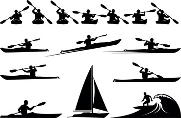 Obraz premium Kayaking and Water Sports Silhouette Collection with Canoe Paddlers Sailboat and Surfing Adventure Activities