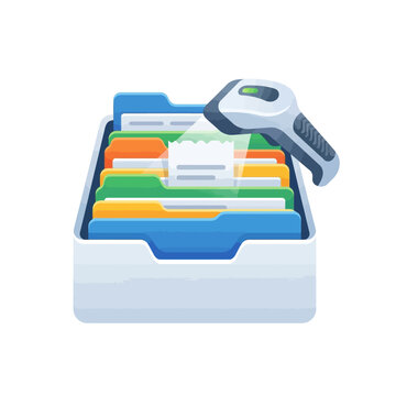 3D style illustration of a document organizer box filled with multicolored folders and a receipt being scanned by a handheld barcode scanner for digital record keeping and filing.