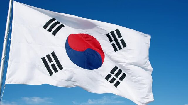 Korean Flag Waving Against Blue Sky Patriotic Motion