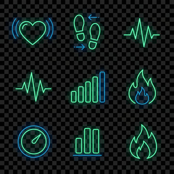 Set of neon glowing fitness app monitoring icons featuring heart rate pulse, footprints for step tracking, ECG heartbeat wave, calorie burn fire, and progress bar charts on black.