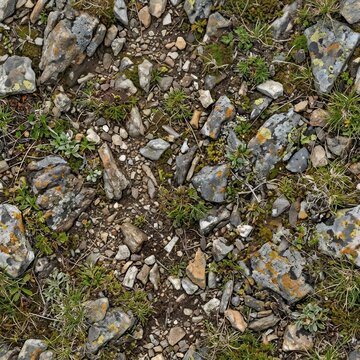 Detailed Close-Up of Rocky Ground with Green Vegetation and Natural Texture.