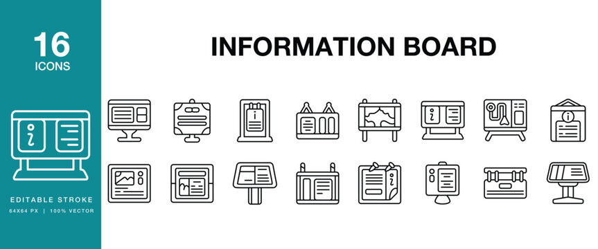 Information Board icon set. Includes information, board, signage, display, notice, announcement and More. Editable Stroke Icon Collection.