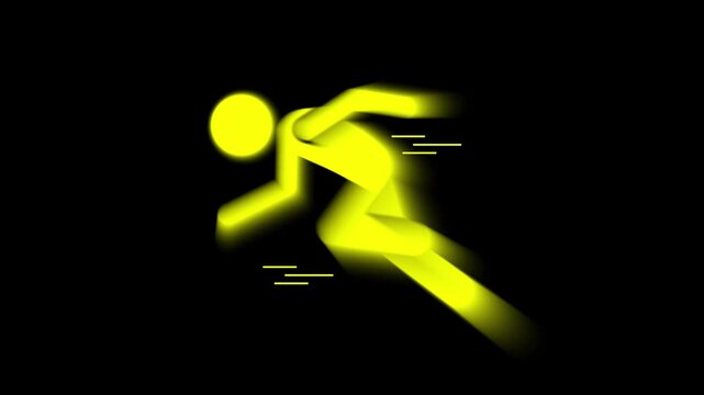 Yellow stick figure running fast with motion blur effect on black background dynamic animation