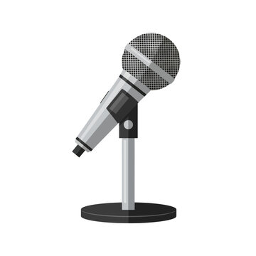 A silver microphone with a black mesh head is mounted on a stand with a circular base.