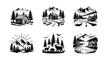 Fototapeta premium Black and White Mountain Cabins Scenic Forest Landscape Vector Art Designs Isolated