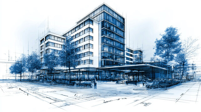 Architectural blueprint of modern building isolated on transparent background construction design concept detailed structure layout for development projects