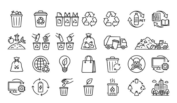 Waste and recycling line icons set garbage trash separation vector collection