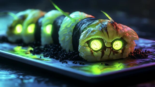 Artistic sushi roll arrangement with glowing elements and dark background