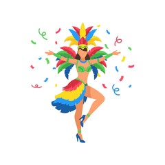 Obraz premium A woman in a vibrant, feathered costume dances amidst falling confetti, celebrating a festive occasion.