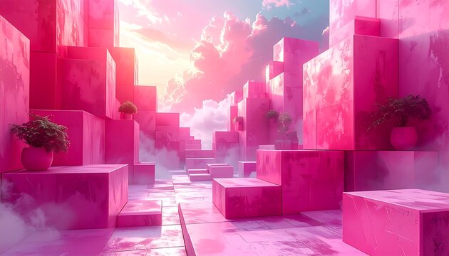 A surreal, vibrant pink cityscape with cuboid structures, fluffy clouds, and potted plants, bathed in soft, ethereal sunlight