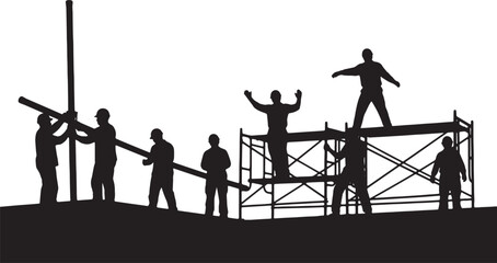 Fototapeta premium Black Solid Outdoor Scaffolding Builder Silhouettes Set of Six on White Background