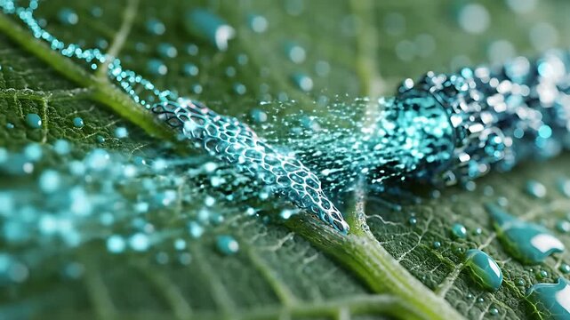 Extreme macro of a metallic needle interacting with a green leaf surface covered in blue droplets and shimmering particles.