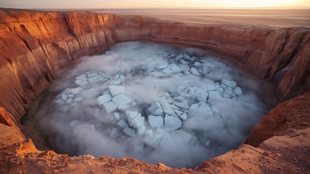 Frozen mist and ancient ice inside desert sinkhole