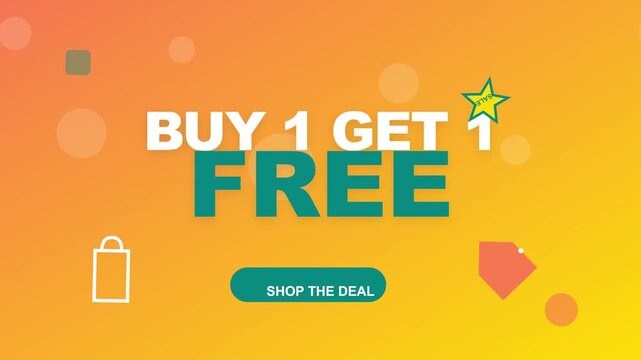 Buy 1 get 1 free promotional motion graphic with orange gradient background, shopping bag icon and shop the deal button for retail marketing and e-commerce campaigns