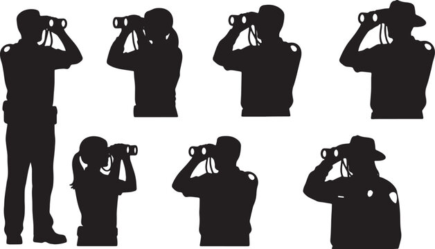 Black Solid Park Rangers Looking Binoculars Silhouettes Set of Six on White Background