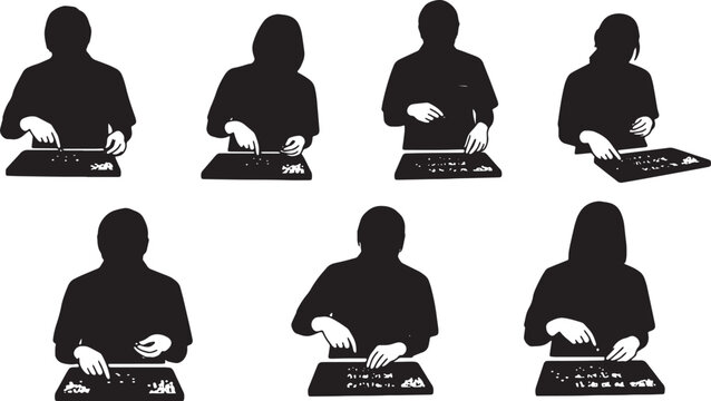 Black Solid Pharmacy Technicians Counting Pills Silhouettes Set of Six on White Background