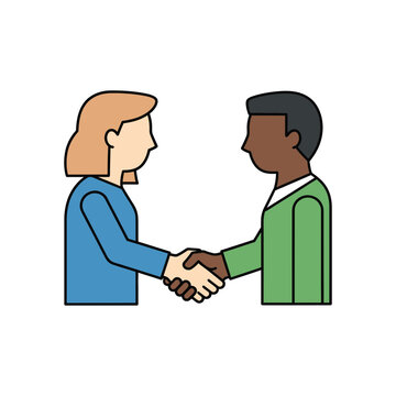 Two people, one with light skin and blonde hair, the other with dark skin and dark hair, are shaking hands.