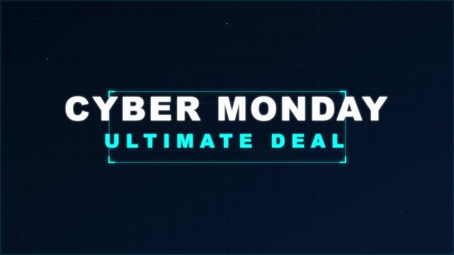 Cyber Monday ultimate deal motion graphic with dark blue grid background, glowing neon frame and bold typography for retail sales and online shopping promotions