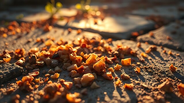 pomace. Dried grape pomace fragments scattered on sunlit stone slabs. menu design, packaging mockups, designed for culinary blogs and recipe cards for restaurants, used by videographers.