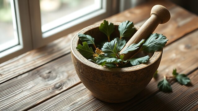 comfrey. A rustic ceramic mortar and pestle with dried leaves on a wooden table. menu design, packaging mockups, designed for food delivery and cloud-kitchen brand materials.
