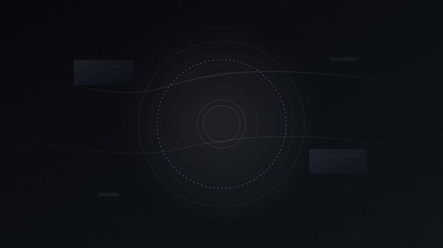 Advanced HUD interface with central circular scanning radar and data readout panels, dark tech background for software UI, high-tech motion graphics loop