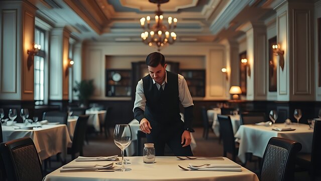 restaurateur. A restaurateur checking a set table in an empty dining room. pitch deck slides, case study pages, designed for corporate presentation decks and stakeholder reports.