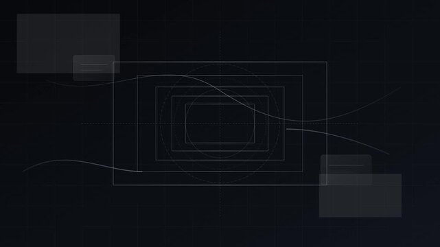 Minimalist HUD interface with floating data boxes and geometric lines, dark tech background for software dashboard UI, clean digital motion graphics loop
