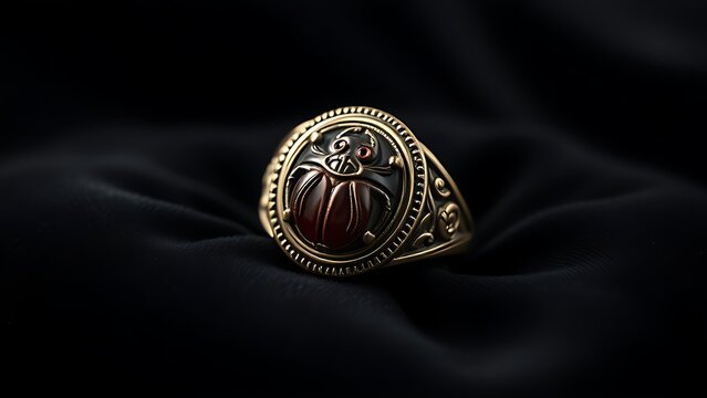 khepri. Ornate scarab beetle gemstone seal ring on black velvet with detailed carving. wildlife magazines, conservation campaigns, designed for eco-tourism storytelling, used by recruiters.
