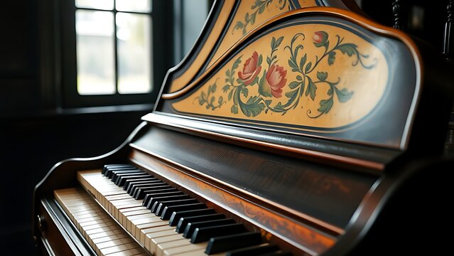 harpsichord. Side view of an antique harpsichord with ornate painted soundboard and floral motifs. event programs, museum guides, designed for cultural heritage projects and event programs.