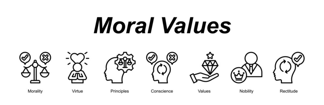 Moral Values web banner icon concept for with icon of Morality, Virtue, Principles, Conscience, Values, Nobility, Rectitude.
