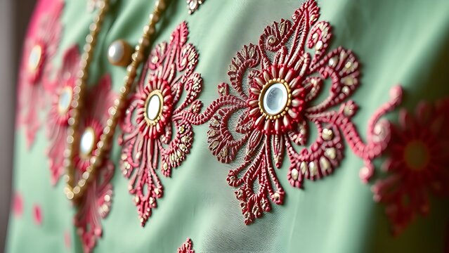 shockabsorber. Close-up of a traditional garment with intricate mirror work and silk embroidery. STEM education sheets, lab safety posters, designed for biotech research communications.