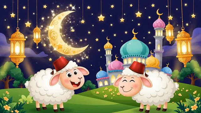 Cute Cartoon Sheep Celebrating Eid Al Adha Under a Crescent Moon.