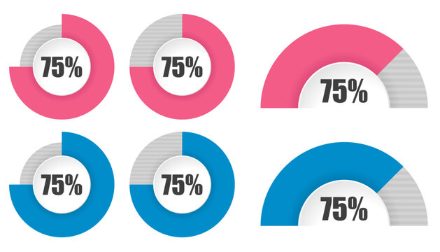 75％の円グラフと半円グラフセット パーセンテージ表示アイコン素材 75 Percent Circle and Semi Circle Chart Set Progress Infographic Elements
