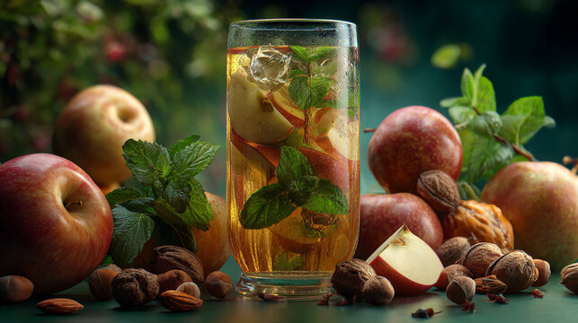 Iced Apple Tea with Mint and Sliced Fruit Surrounded by Fresh Apples and Walnuts.
