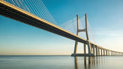 Fototapeta premium Ultra Realistic Modern Cable Stayed Bridge Over Calm River Under Clear Blue Sky Daylight Scene