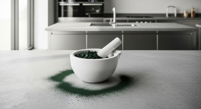 White mortar and pestle with green powder supplement for molecular nutrition and bio-preservation